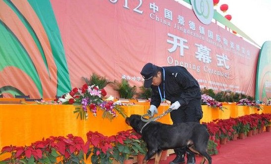 江西景德鎮(zhèn)陶瓷博覽會(huì)開(kāi)幕 安檢門與搜爆犬共同安保